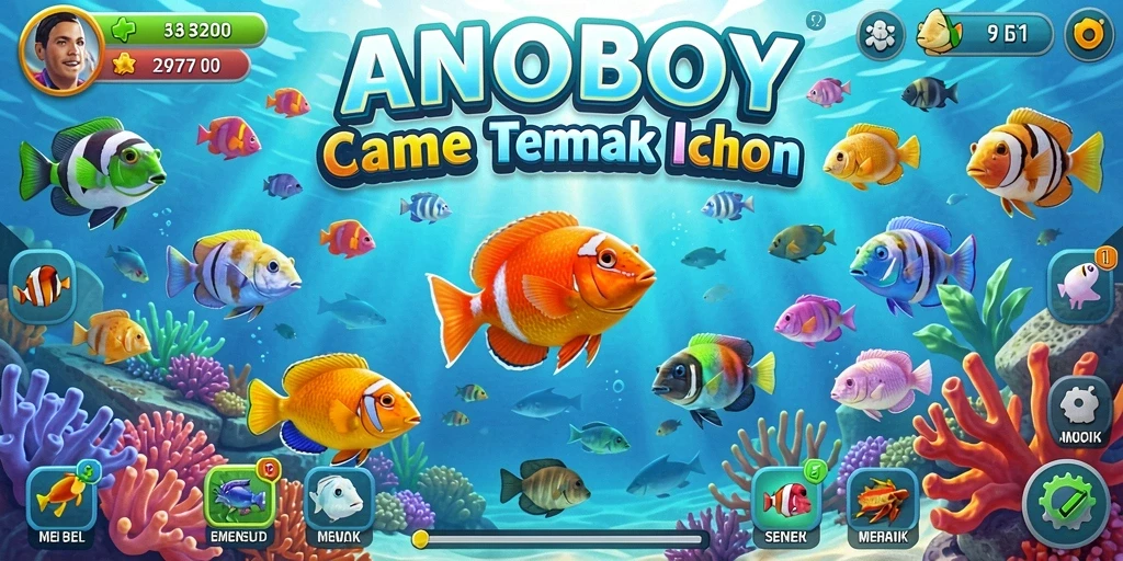 Screenshot gameplay ANOBOY dengan aksi menangkap ikan yang seru.