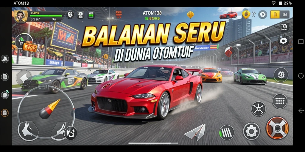 Screenshot ATOM138 menunjukkan mobil balap dalam aksi di trek yang menantang.