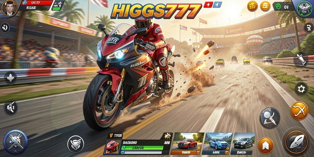 Screenshot HIGGS777 menampilkan aksi balapan motor yang seru dan grafis memukau.