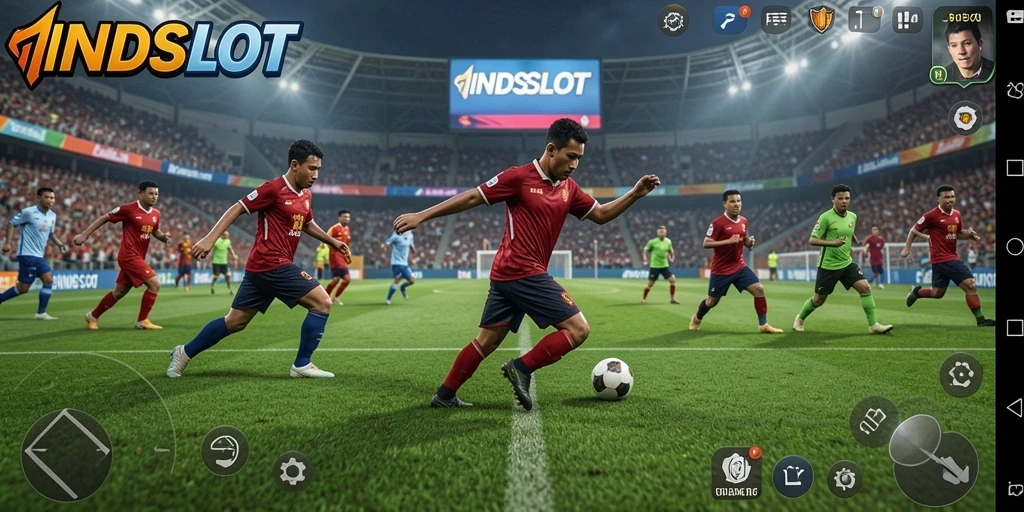 Tampilan gameplay INDSLOT dengan aksi sepak bola yang seru dan realistis.