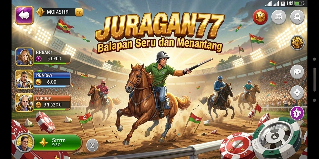 Gameplay seru JURAGAN77 saat balapan di lintasan kota.
