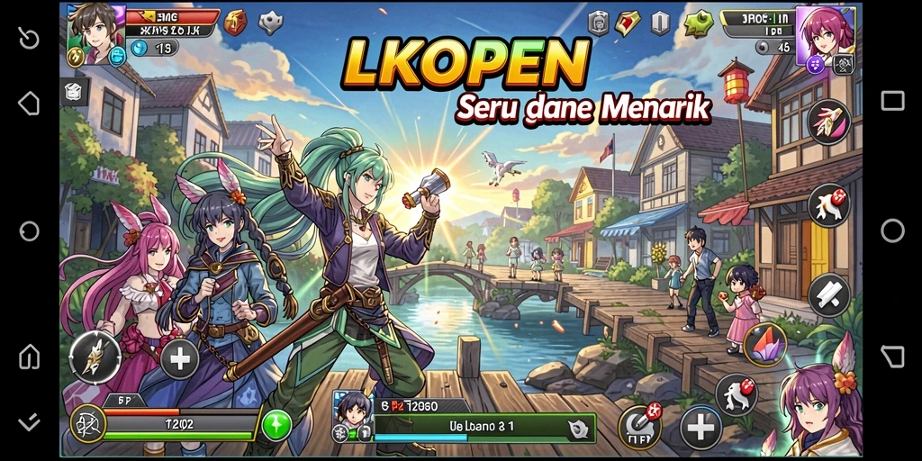 Screenshot gameplay LKOPEN menampilkan karakter Anime yang dinamis dan berwarna.