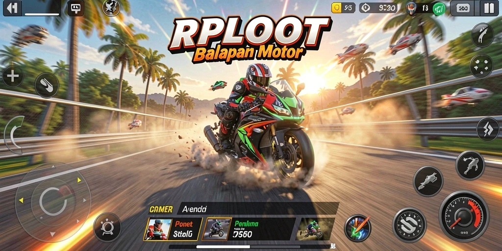 Screenshot gameplay RPLOOT menampilkan balapan motor yang mendebarkan.